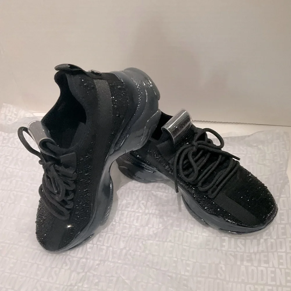 Steve Madden Black Knit Crystal-Embellished Platform Sneaker